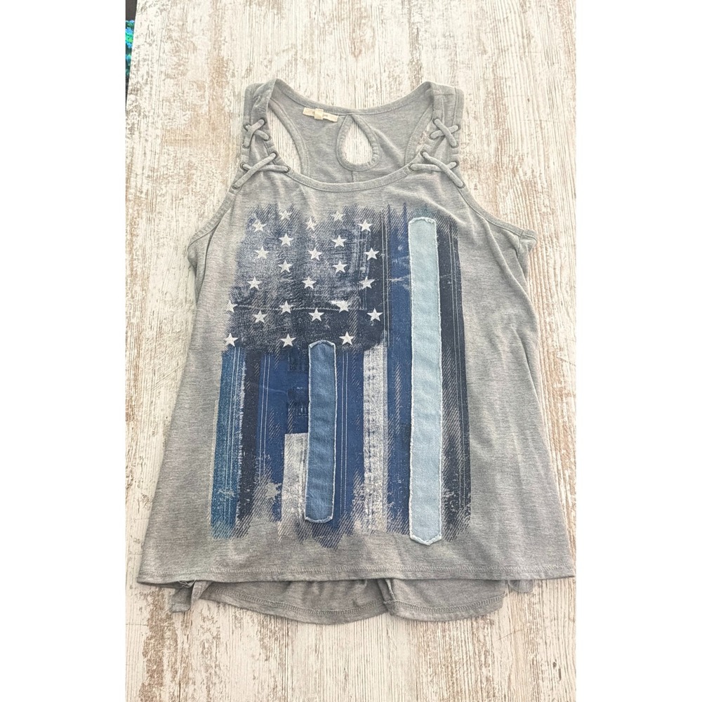 Maurices Womens Large Gray American Flag Graphic Grunge Boho Racerback Tank Top